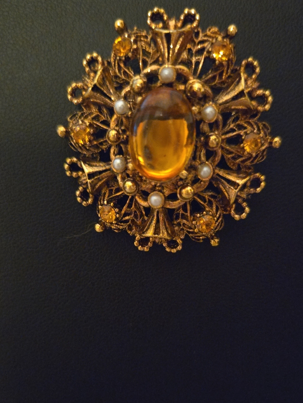 Vintage-Style Gold and Amber Filigree Brooch with Faux Pearls